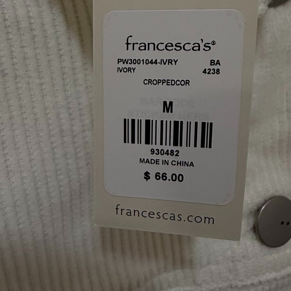 Francesca's Ivory Corduroy Cropped Jacket - NWT - Medium - Picture 4 of 4